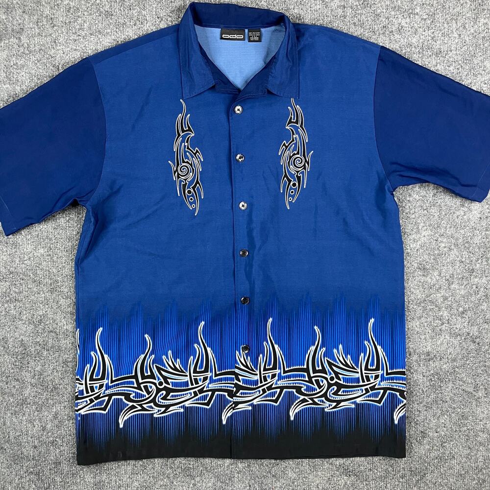 Odo Shirt Mens XXL Blue Tribal‎ Flame Button Up Short Sleeve Casual Graphic